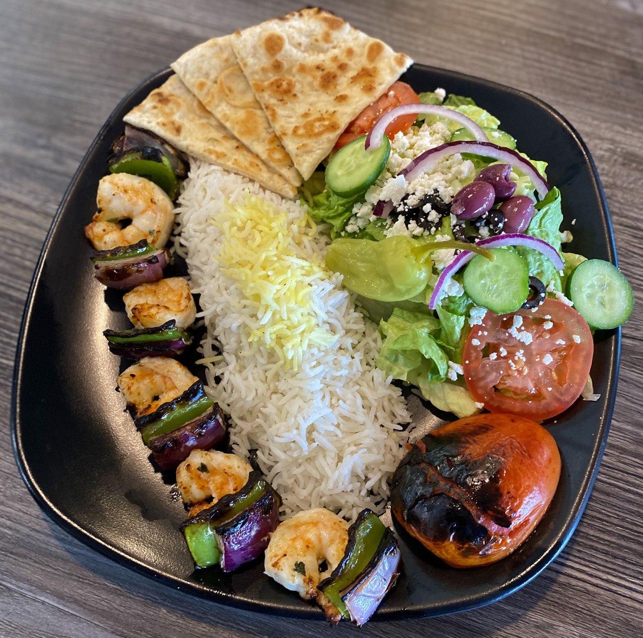 Order Shrimp Kabob Plate food online from Kabob Cafe store, Foothill Ranch on bringmethat.com