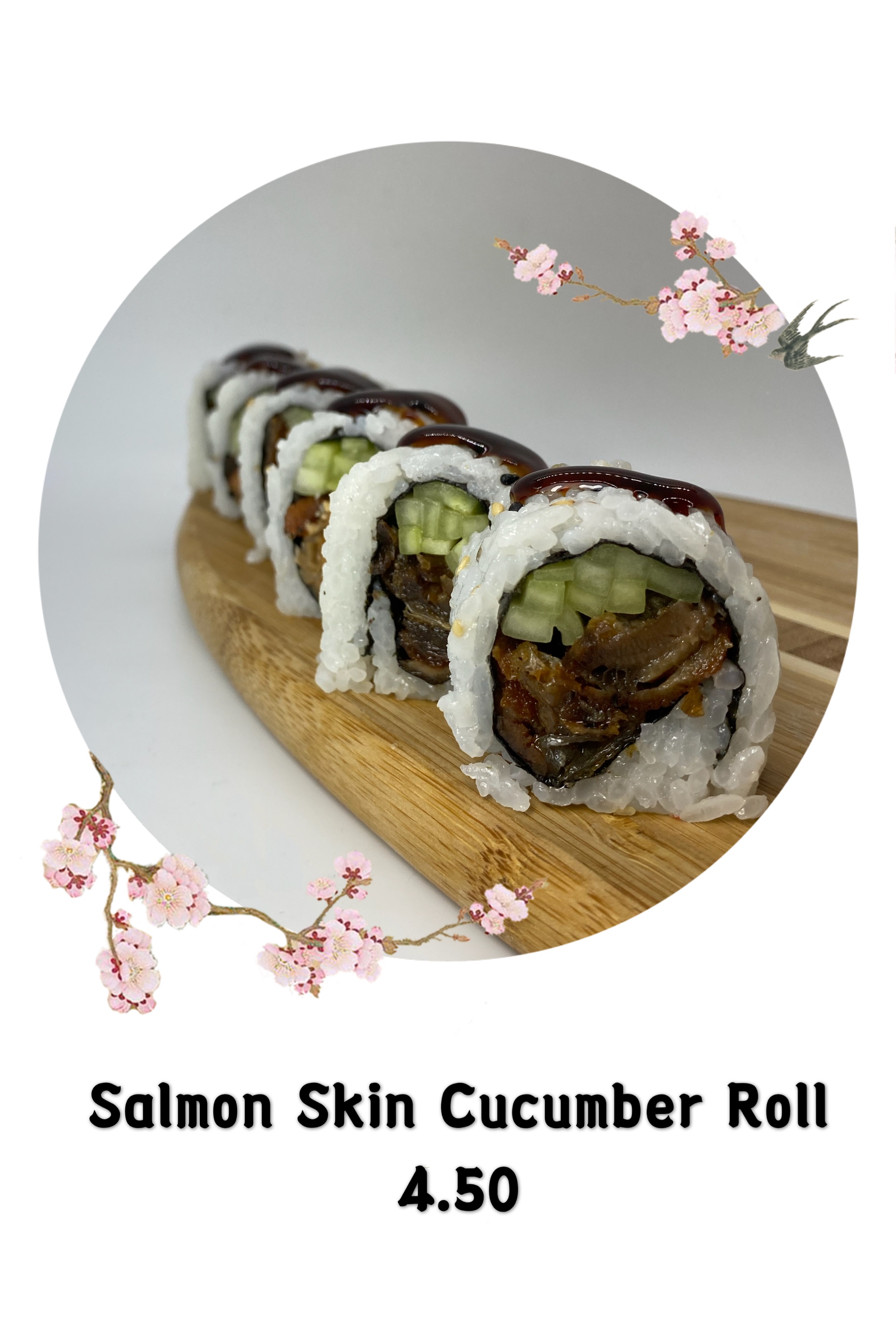 Order Baked Salmon Skin with Cucumber Roll food online from Iron Chef store, Phoenix on bringmethat.com