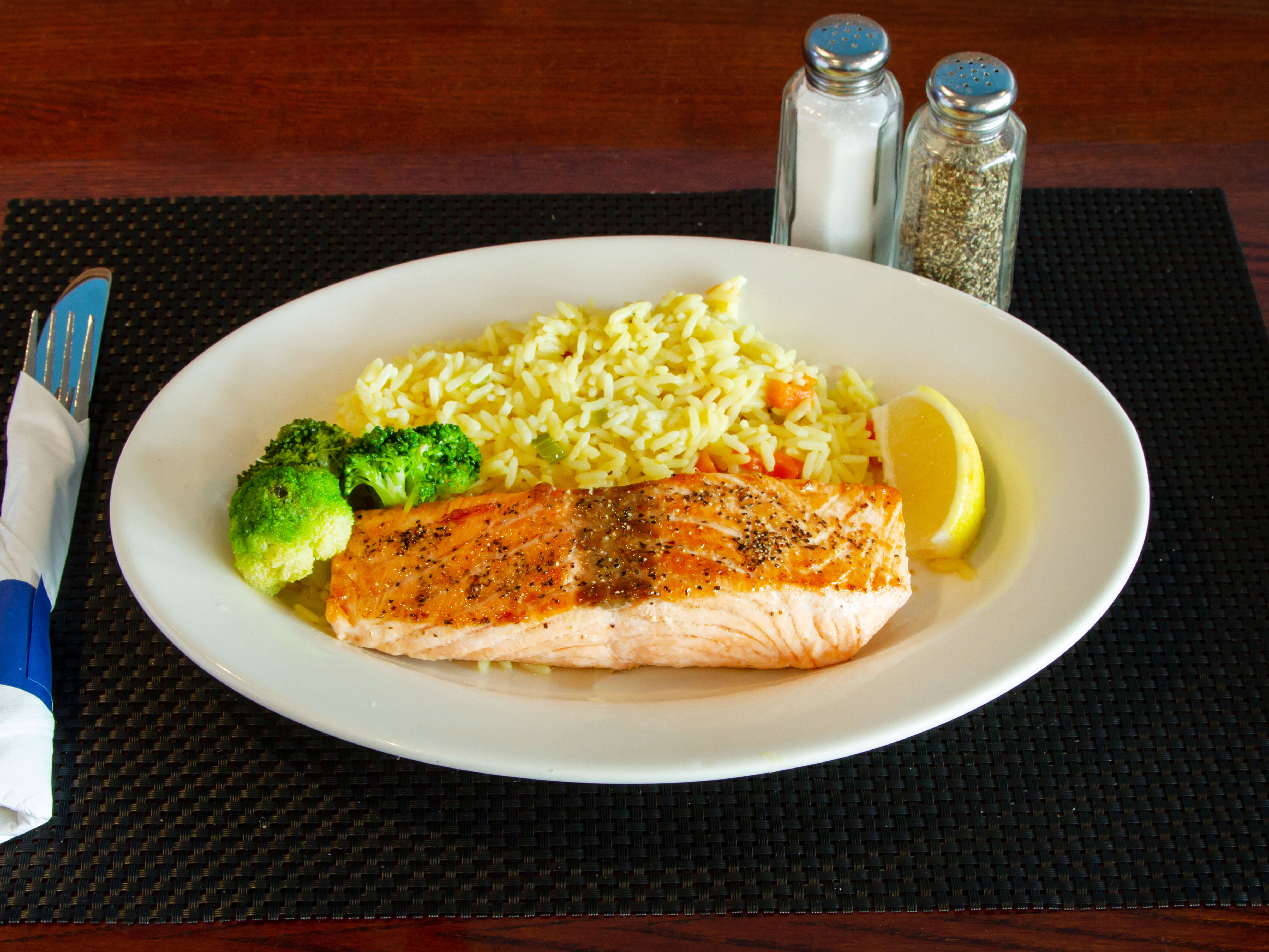 Order Seared Salmon Dinner food online from Zorba Pizza & Pub store, North Providence on bringmethat.com