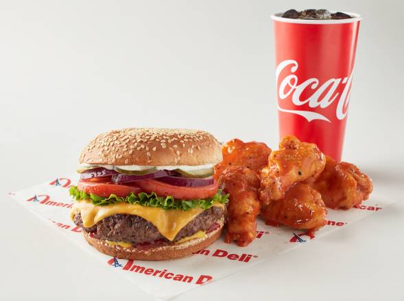 Order Burger Combo (5pc Wings+Drink) food online from American Deli store, Kennesaw on bringmethat.com