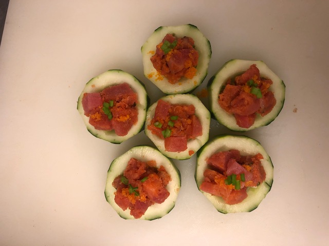 Order Spicy Tuna Volcano on Cucumber (6 pieces) food online from A Plus Sushi store, Malvern on bringmethat.com