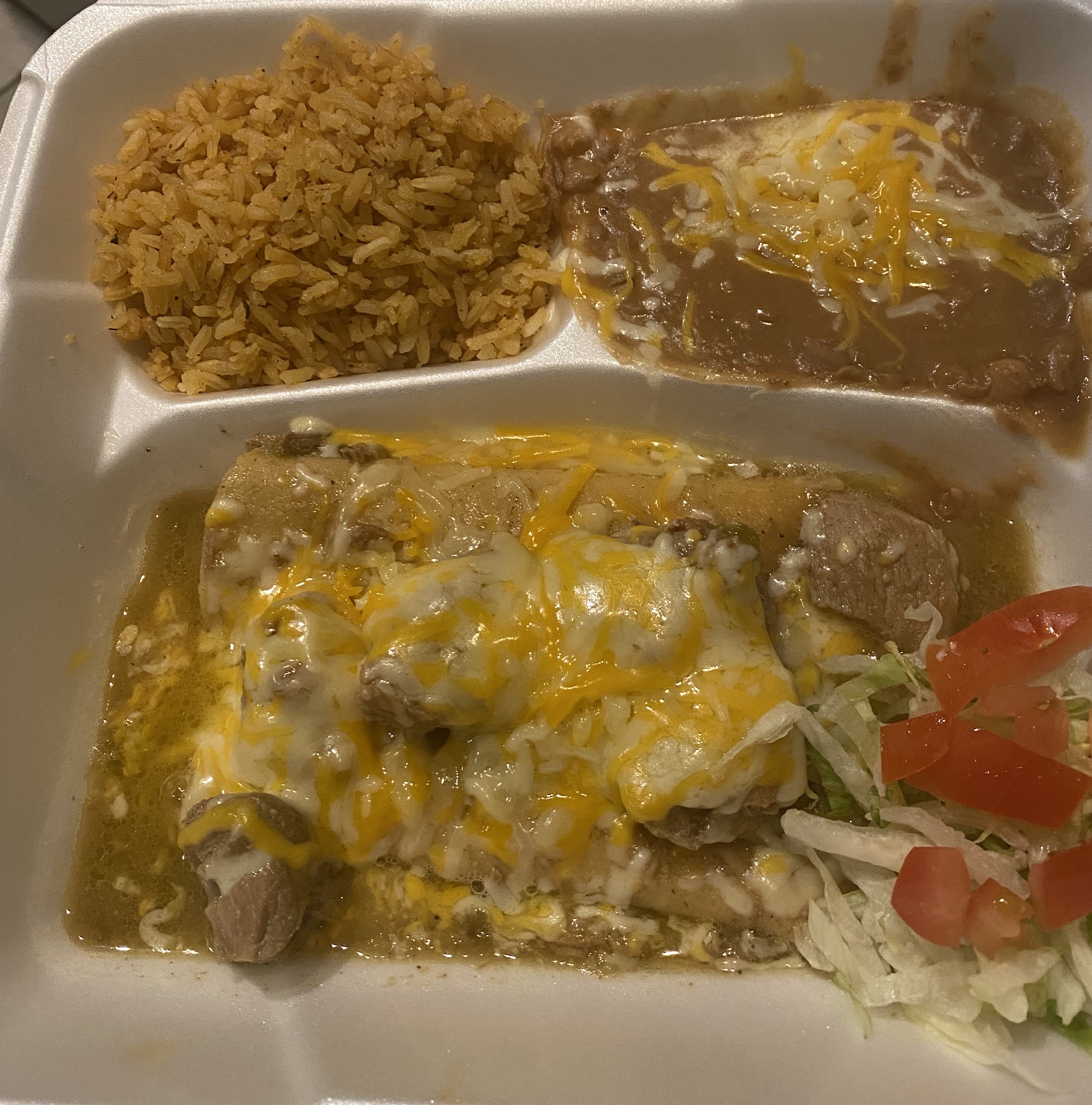 Order #25. Two Chile Verde Cheese Enchiladas Combo food online from Velasco Mexican Food store, Visalia on bringmethat.com