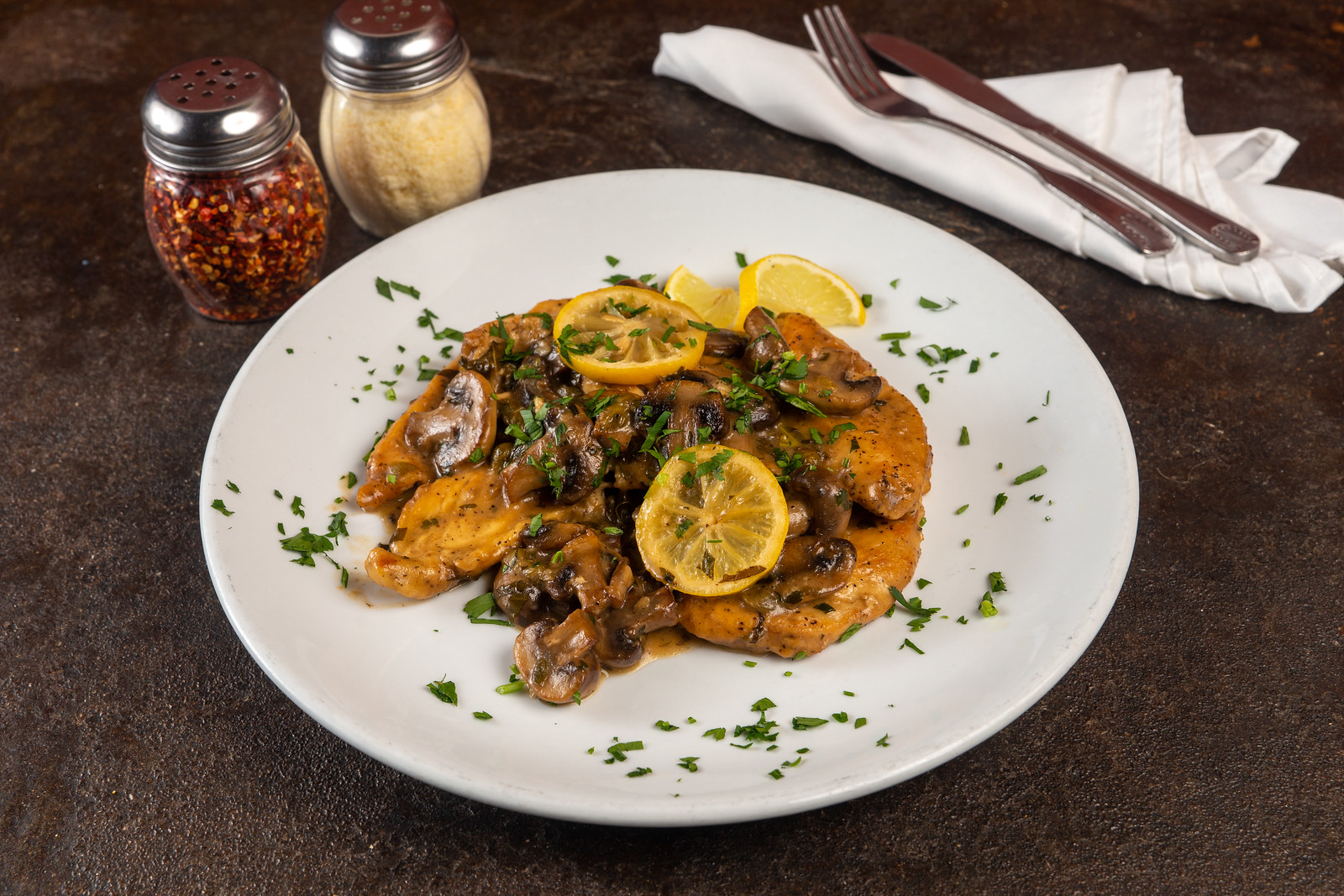 Order Lemon Chicken Piccata with Mushrooms food online from Buono Authentic Pizzeria store, Long Beach on bringmethat.com
