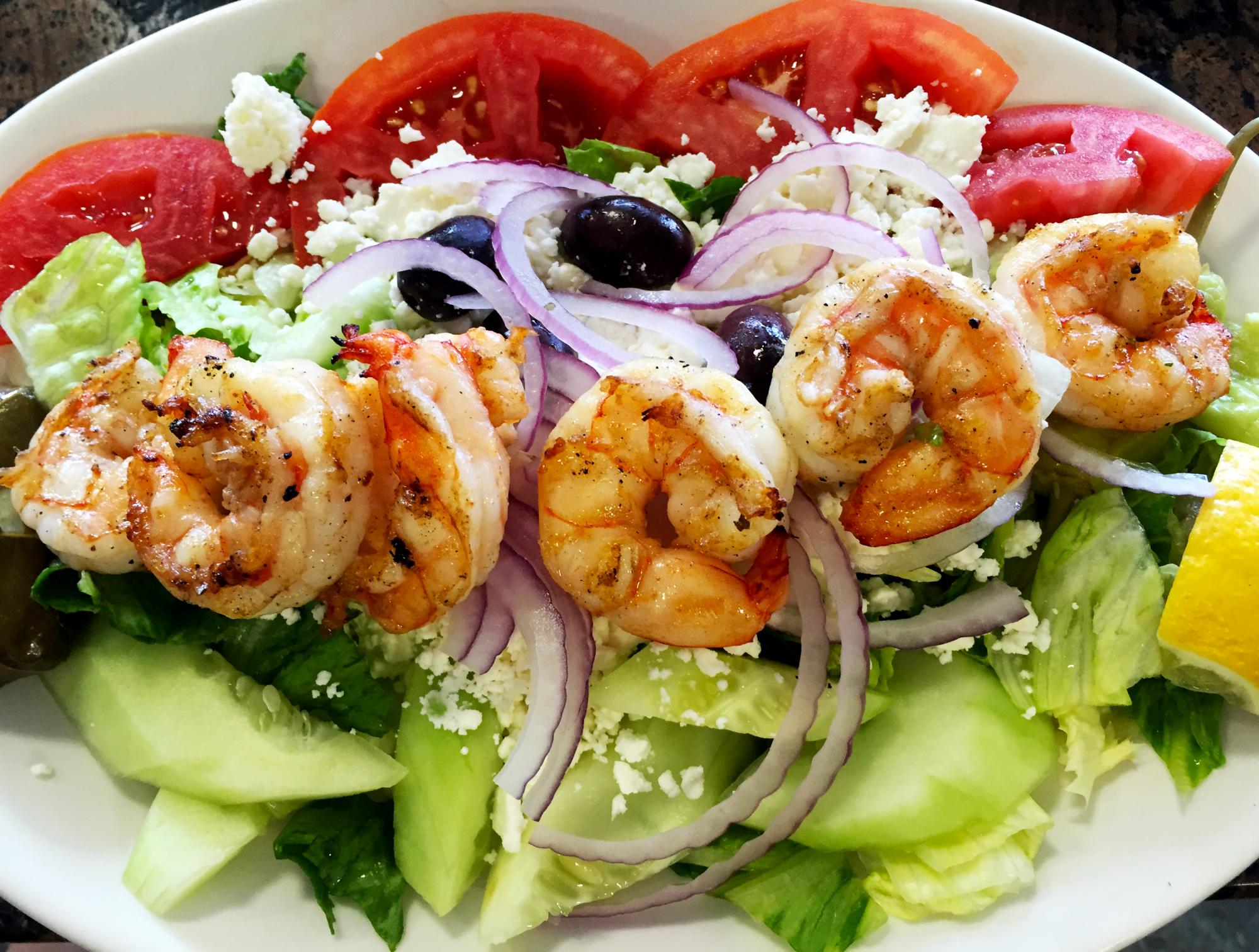 Order Greek Salad with Grilled Shrimp food online from Pizza boy store, Glendale on bringmethat.com