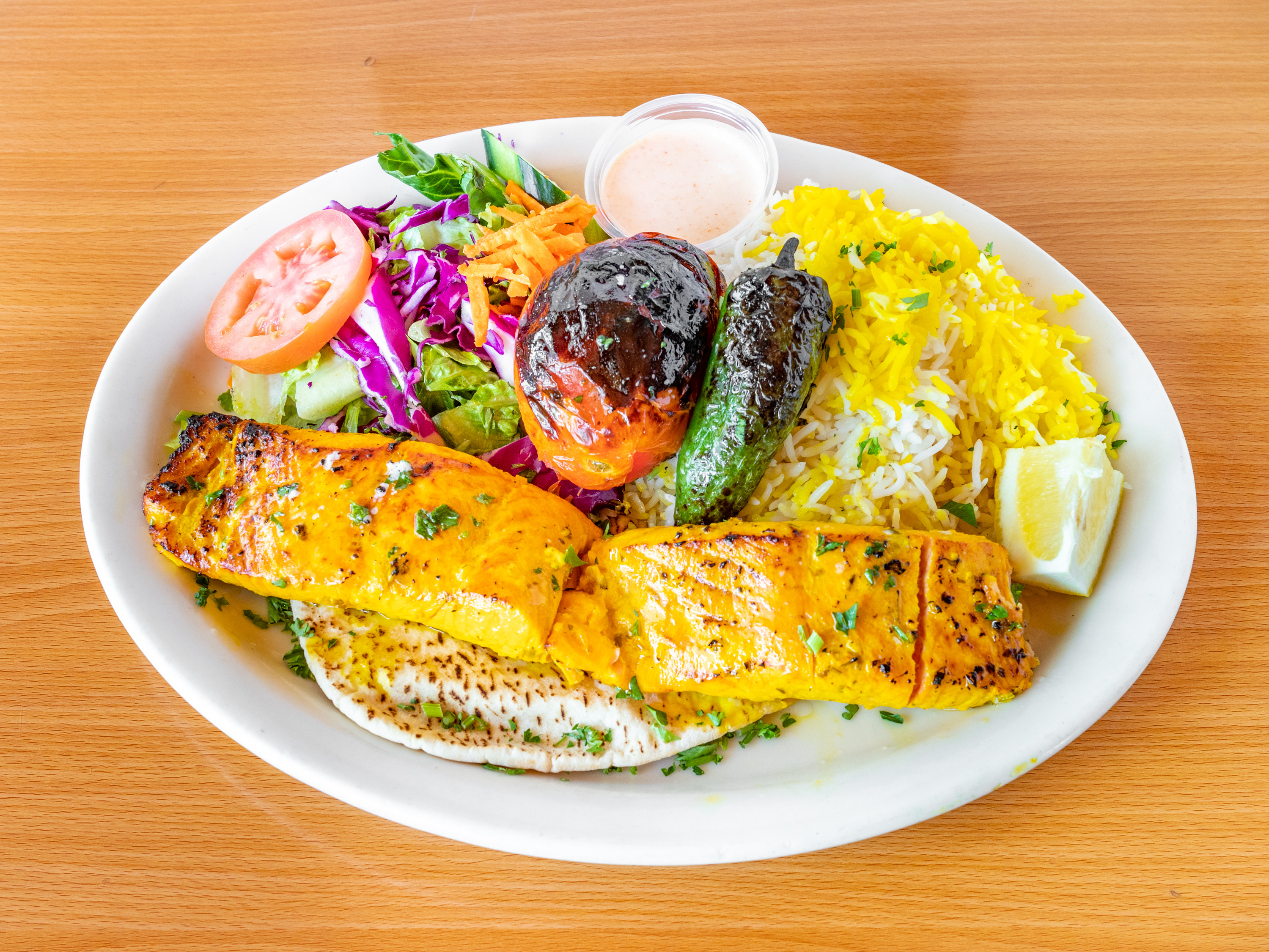 Order Salmon Kabob Lunch Special food online from Fanoos Grill store, Torrance on bringmethat.com