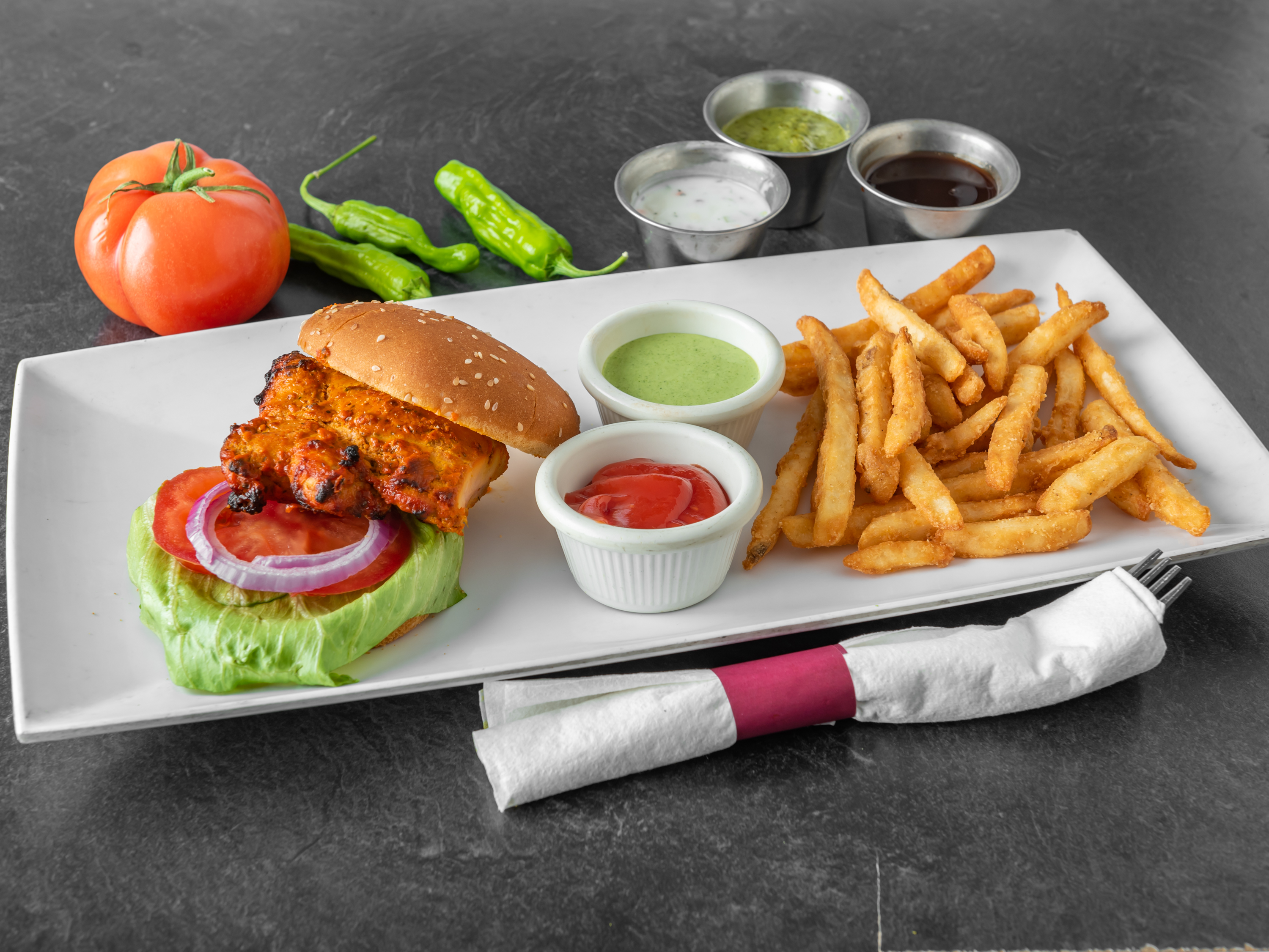 Order Chicken Burger with Masala Fries food online from Cuisine of India store, Naperville on bringmethat.com