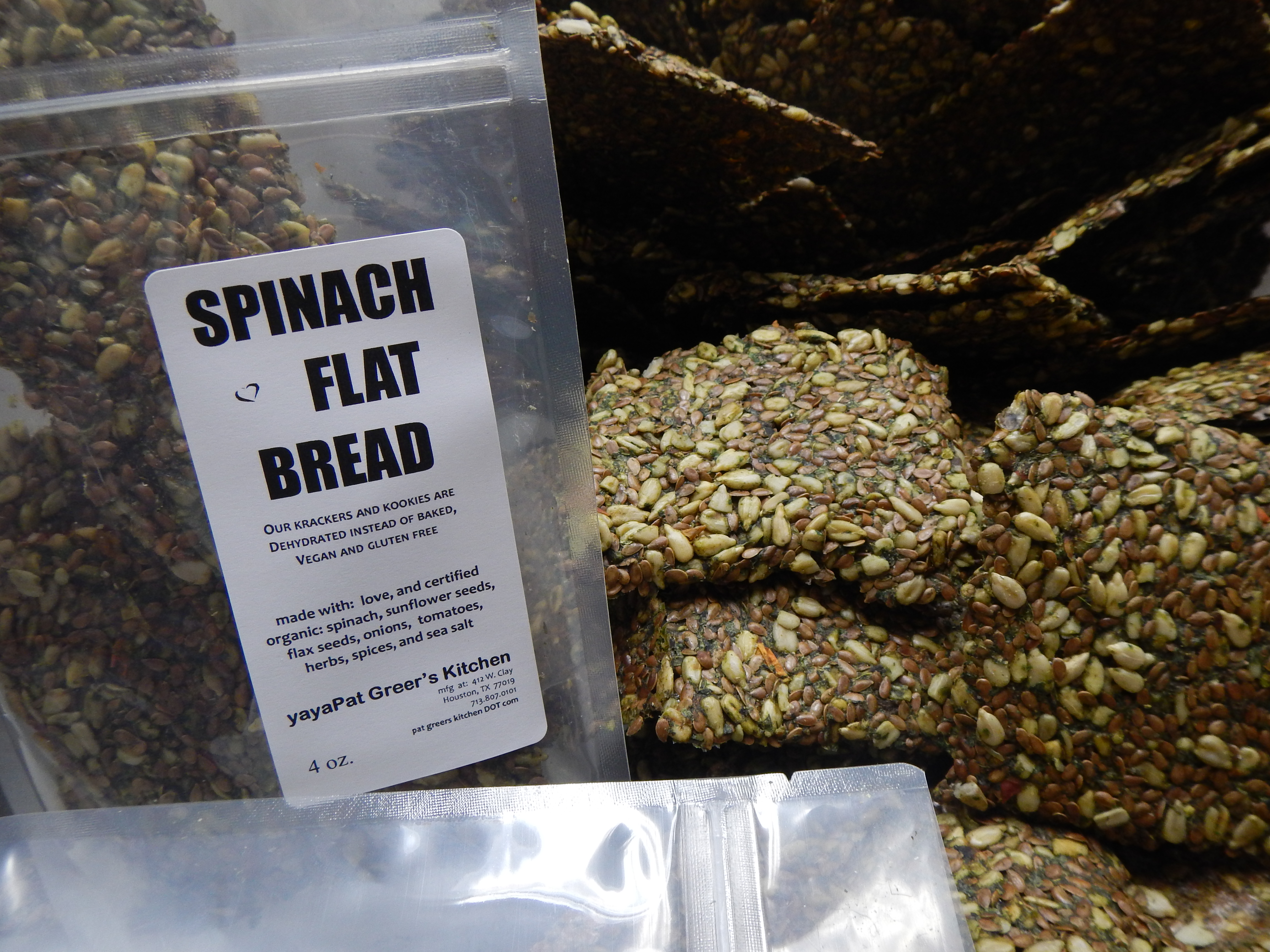 Order Spinach Flat Bread Kracker food online from Pat Greer's Kitchen store, Houston on bringmethat.com