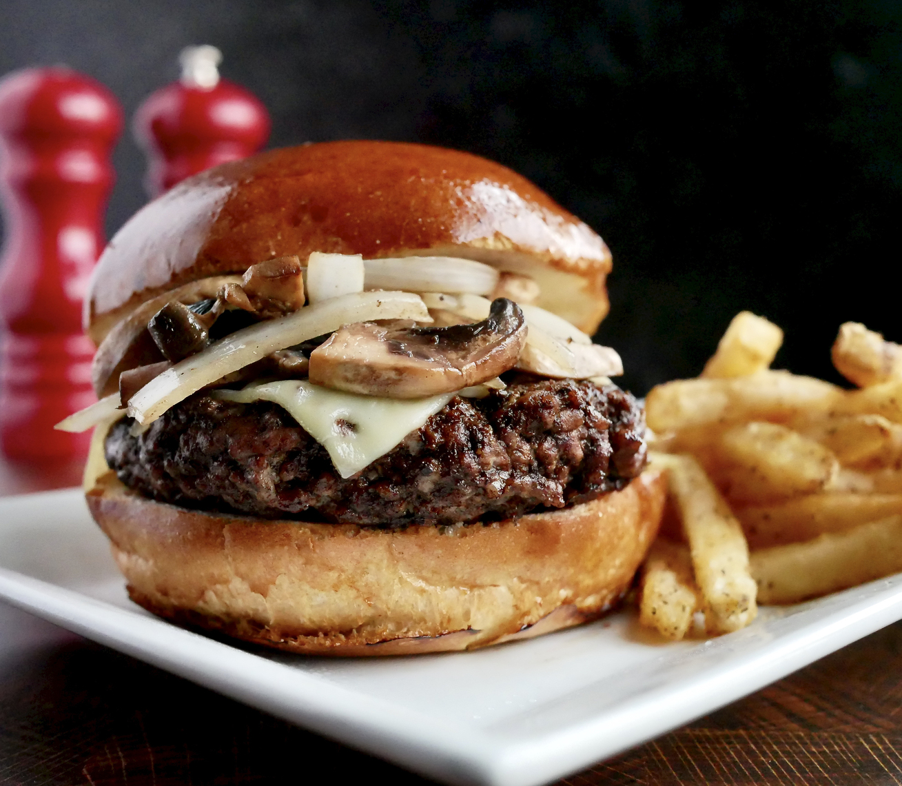 Order Mushroom Swiss Burger food online from Kocky Bar & Grill store, Fresno on bringmethat.com