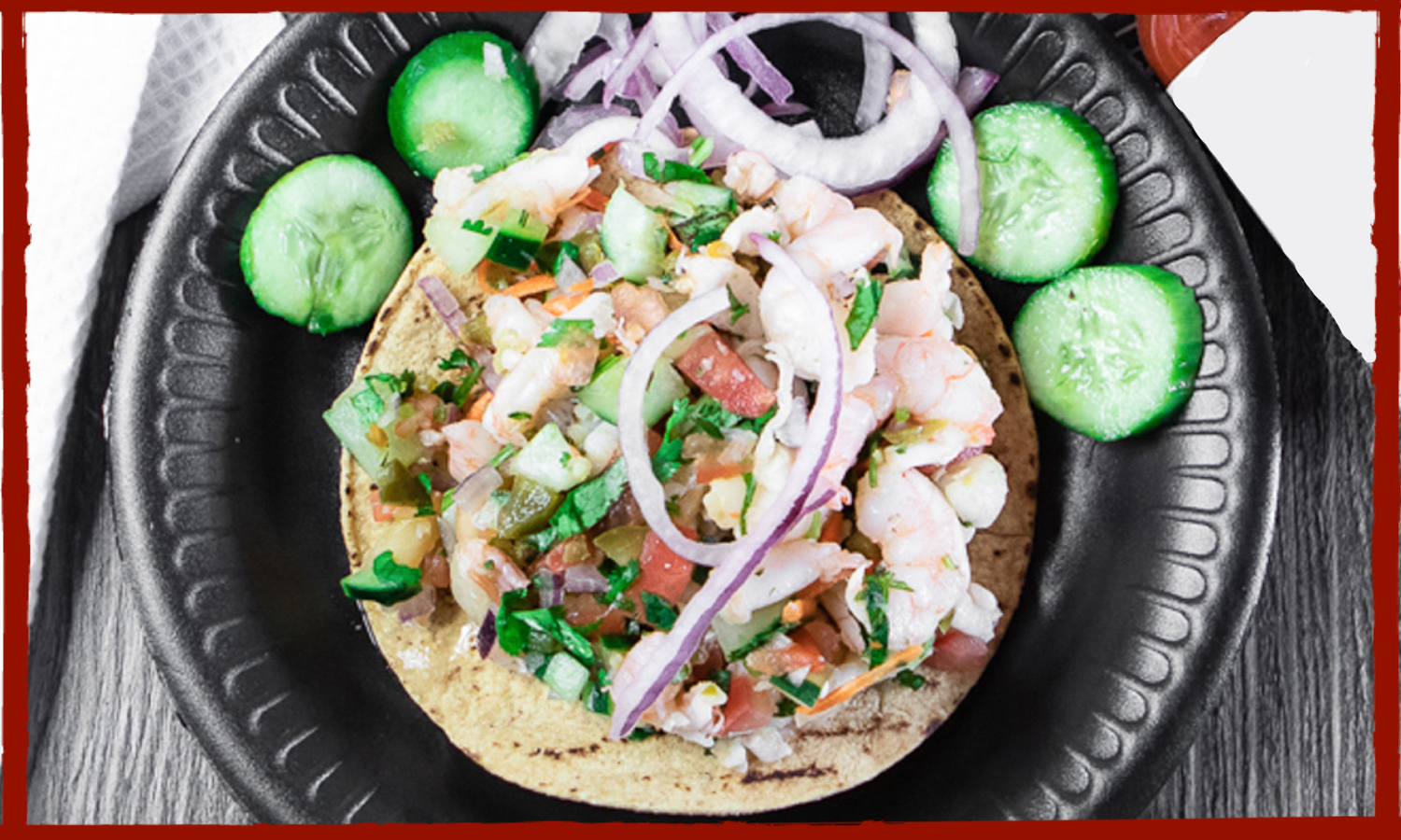 Order Shrimp Tostada food online from La Bufadora Baja Grill store, Riverside on bringmethat.com