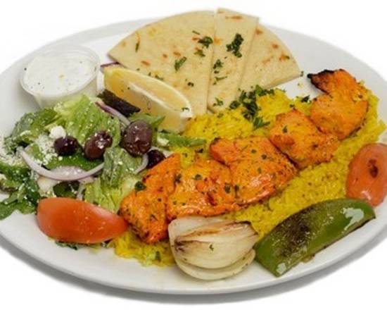 Order Juicy Saffron Chicken Kabob food online from George's Greek Grill-Fig at 7th store, Los Angeles on bringmethat.com