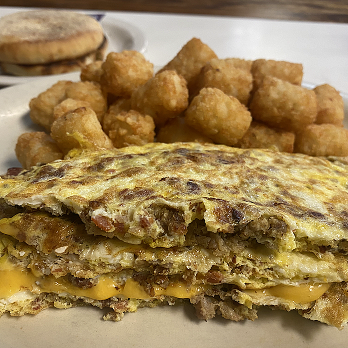 Order Bacon, Sausage, and Cheese Omelet food online from The Bomber store, Ypsilanti on bringmethat.com
