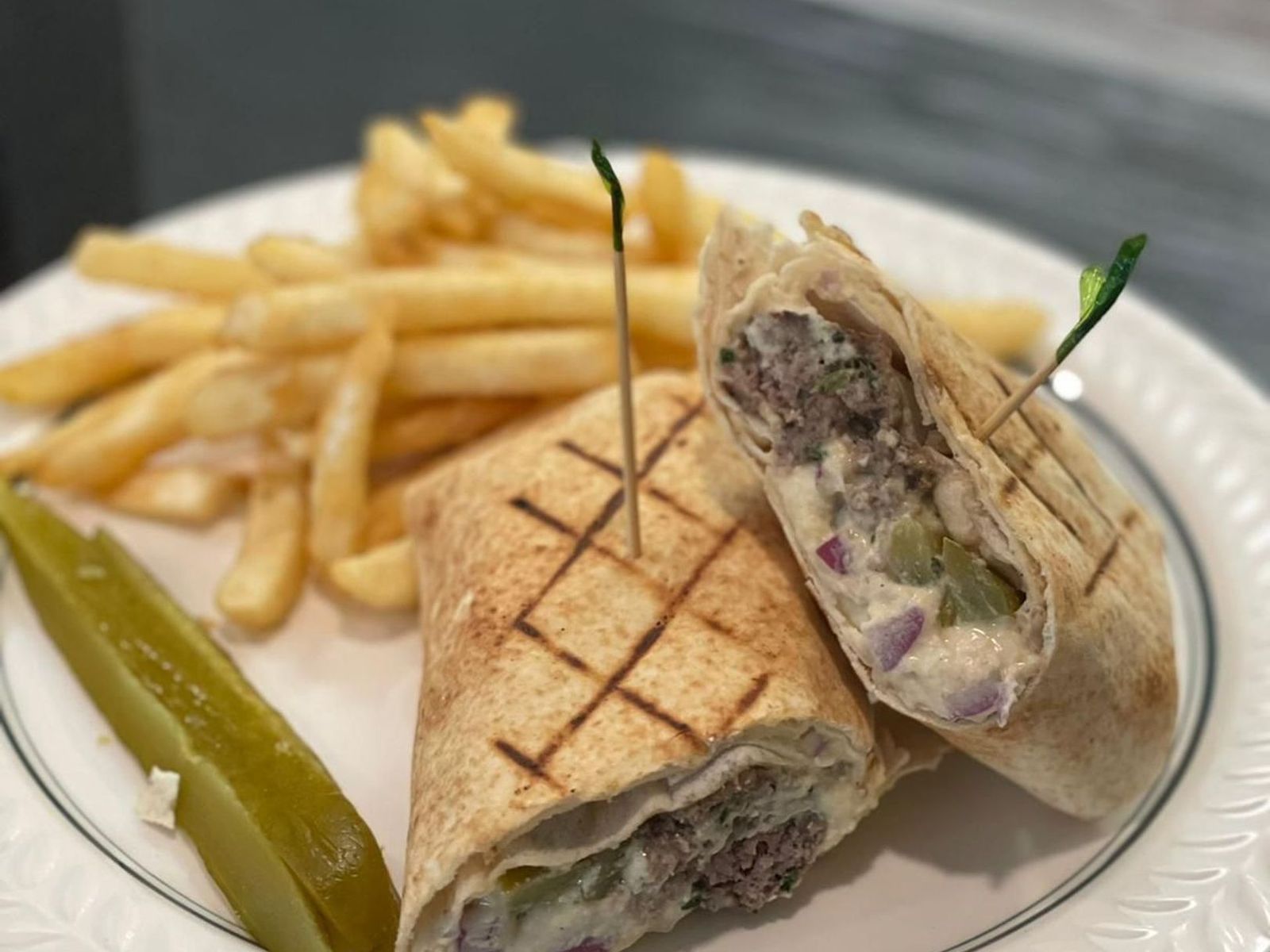 Order Lamb Kafta Kabab Sandwich & fries food online from Madison Cafe & Grill store, Creskill on bringmethat.com
