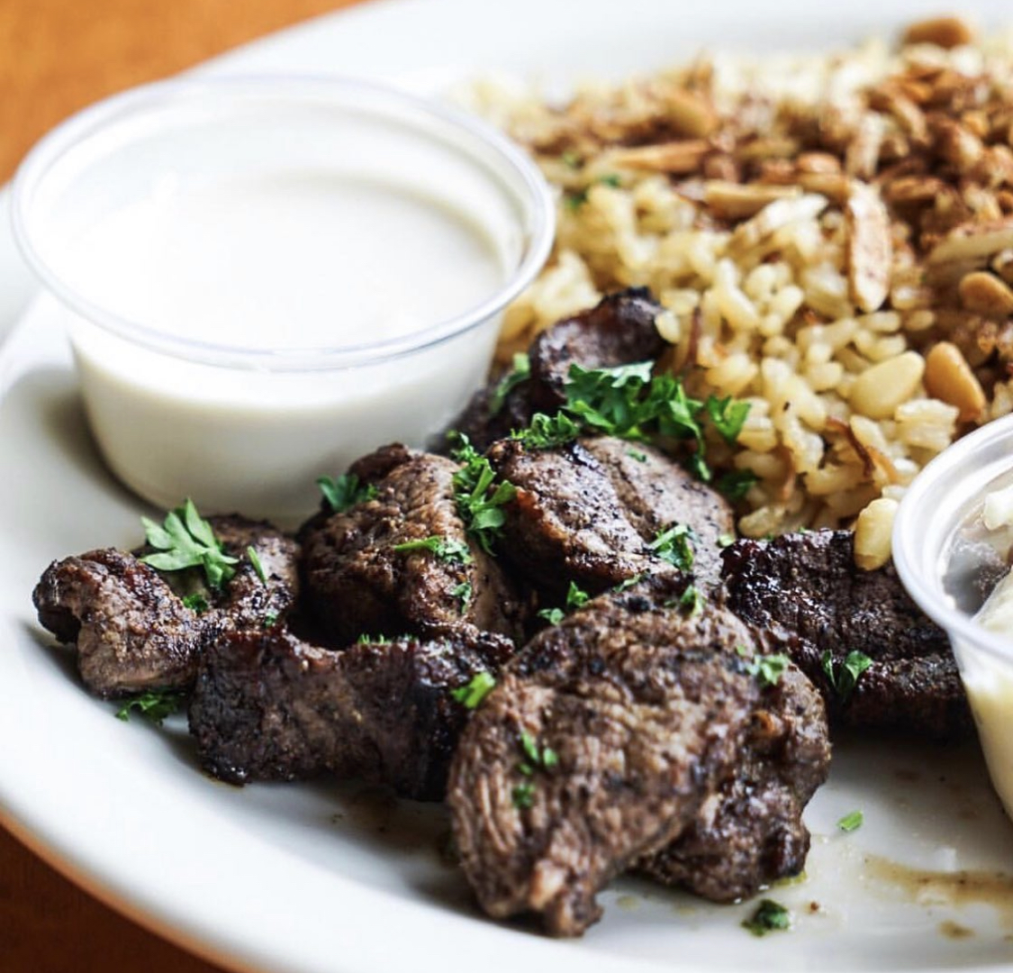 Order Mediterranean Shish Kabob Plate food online from Aladdin's Eatery store, Pittsburgh on bringmethat.com