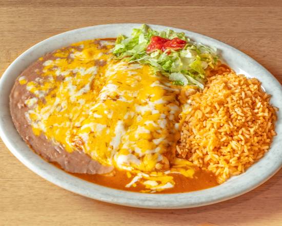 Order Red Chile Enchiladas (2 pcs), Rice, and Beans food online from Michas G And M Restaurant store, Tucson on bringmethat.com
