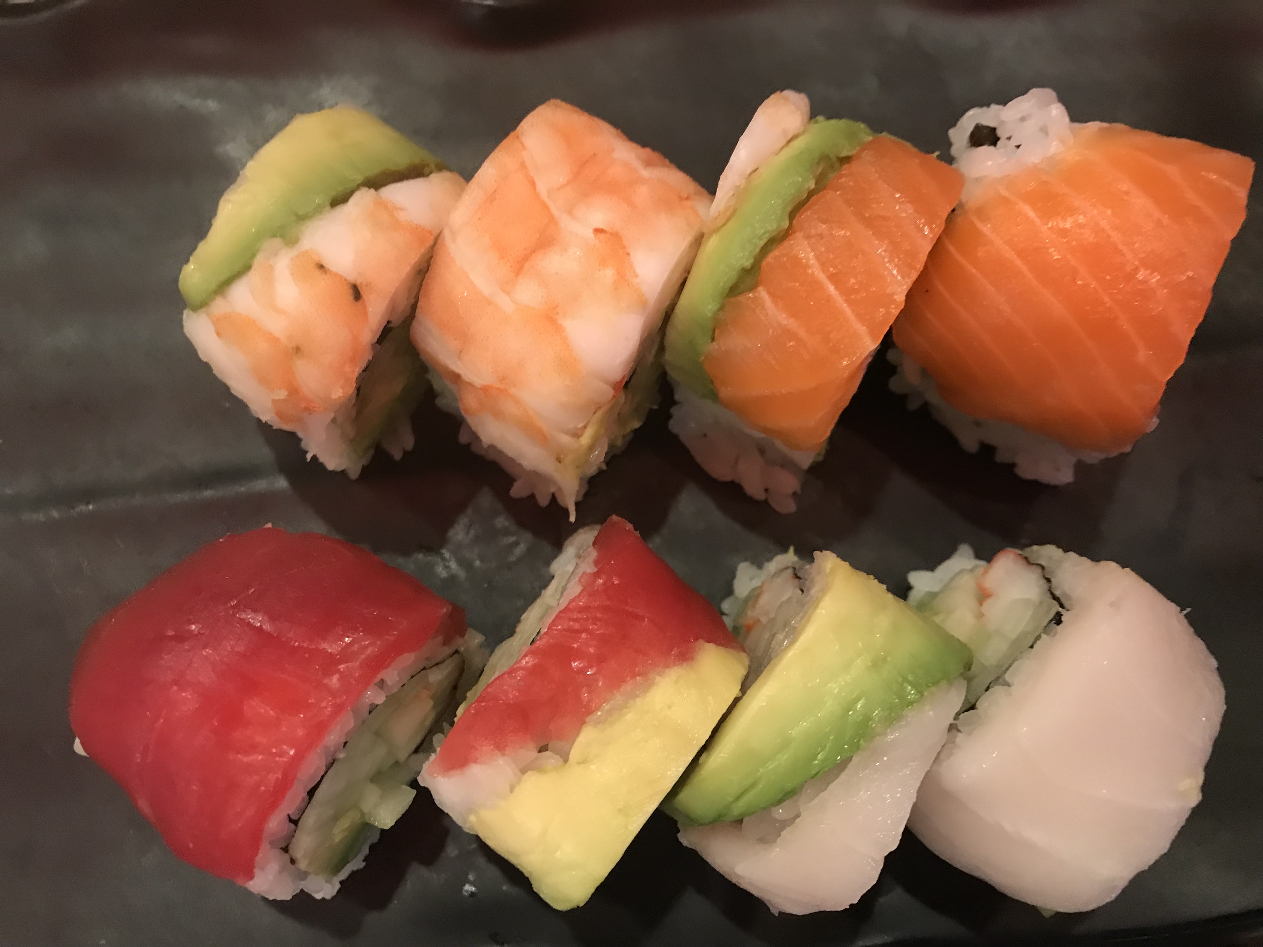 Order 7. Rainbow Roll food online from Megu Sushi Japanese Cuisine store, Cherry Hill on bringmethat.com