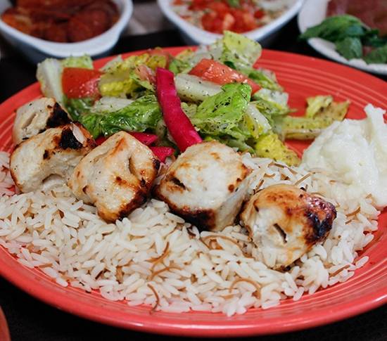 Order Shish Tawook (Chicken Kebab) Plate food online from Sunnin Lebanese Cafe store, Los Angeles on bringmethat.com