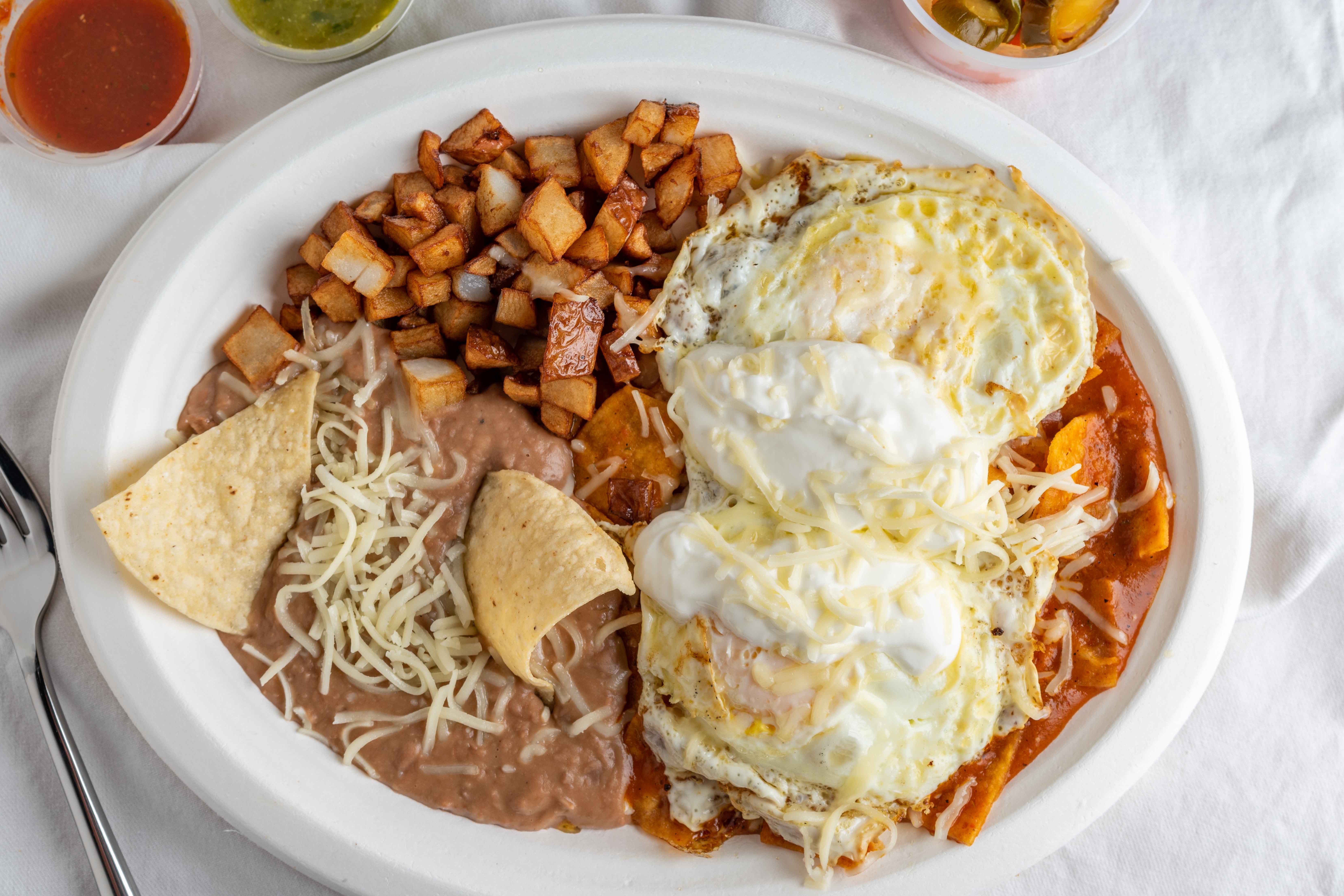 Order Chilaquiles W/Egg, Beans ＆ Potatoes food online from Master Taco store, Surprise on bringmethat.com