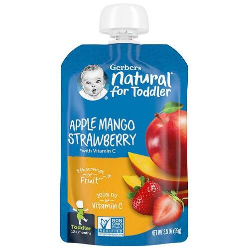 Order Gerber Natural for Toddler Baby Food Apple Mango Strawberry - 3.5 oz food online from Walgreens store, Orange on bringmethat.com