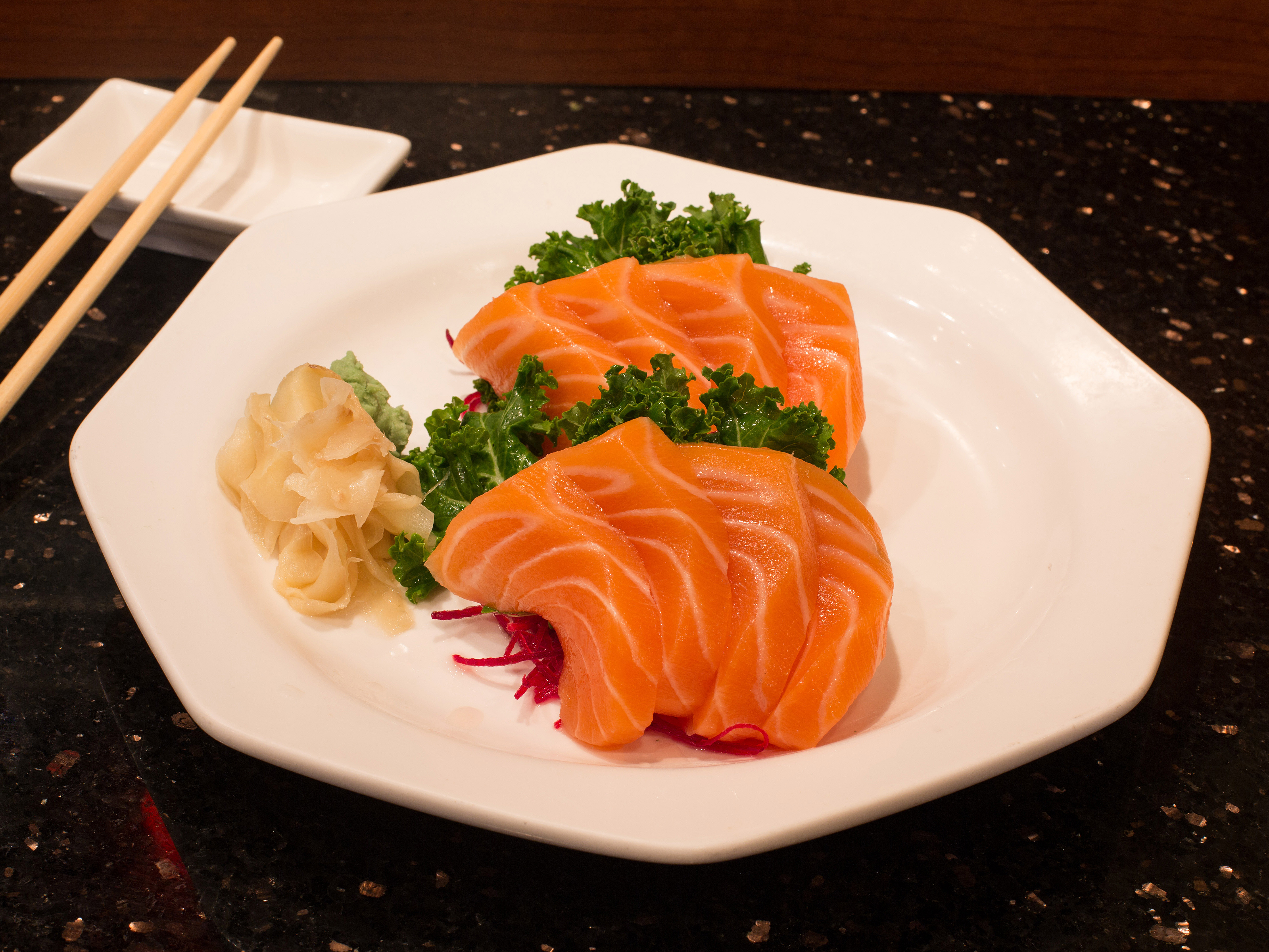 Order 6 Pieces Salmon Sashimi food online from Mei Sushi Japanese Restaurant store, Fair Lawn on bringmethat.com