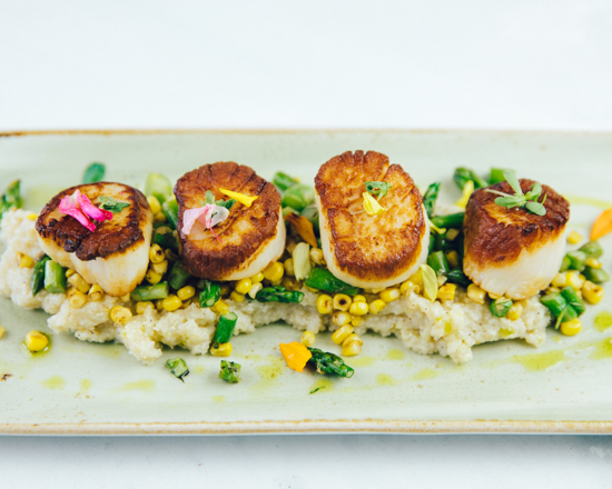 Order Pan Seared Scallops with Mushroom Risotto food online from Bluewater Grill store, Santa Barbara on bringmethat.com