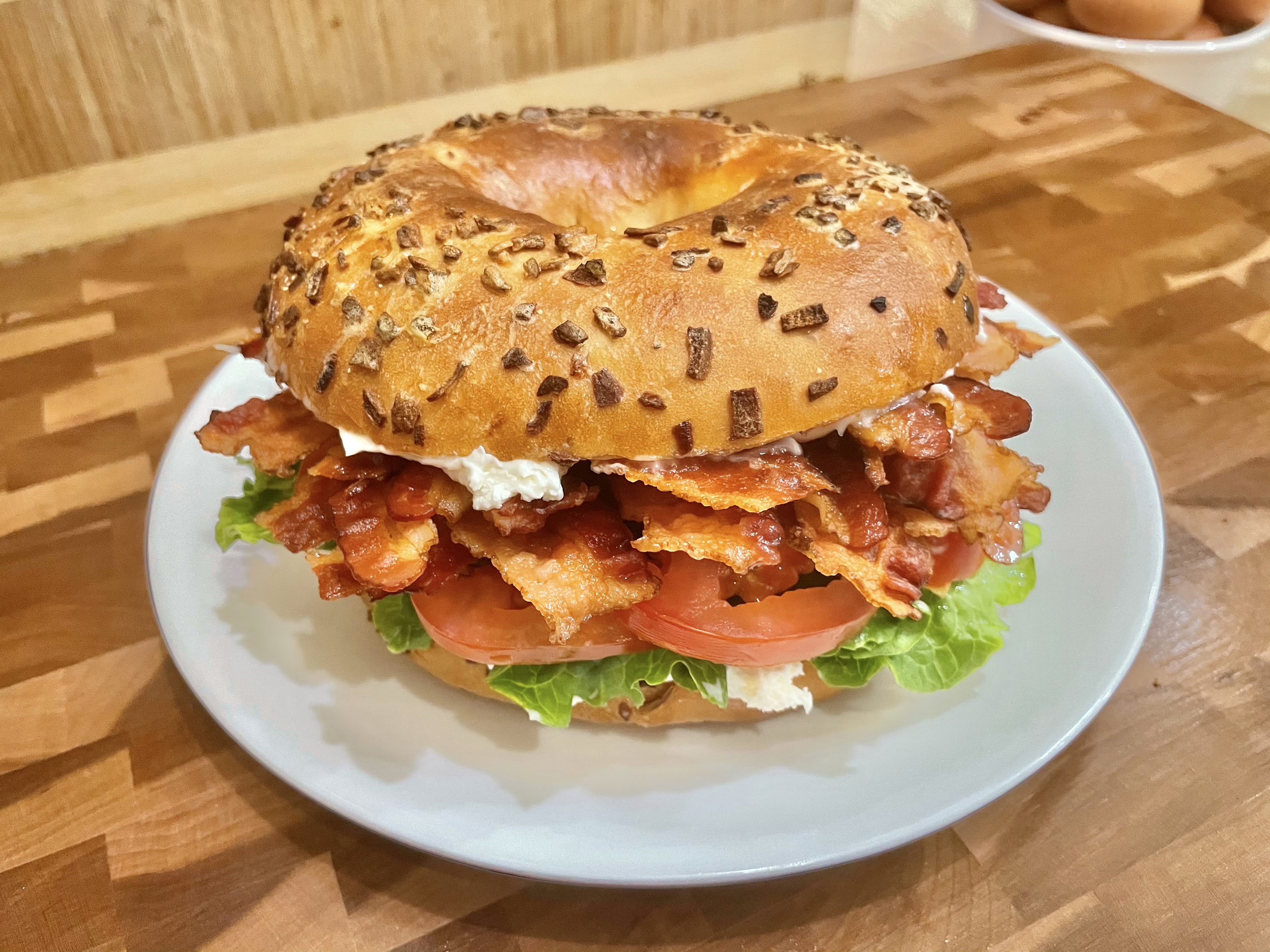 Order Bagel with Cream Cheese, Lettuce, Tomato and Bacon Sandwich food online from Glaze Donuts And Bagel Sandwiches store, San Francisco on bringmethat.com