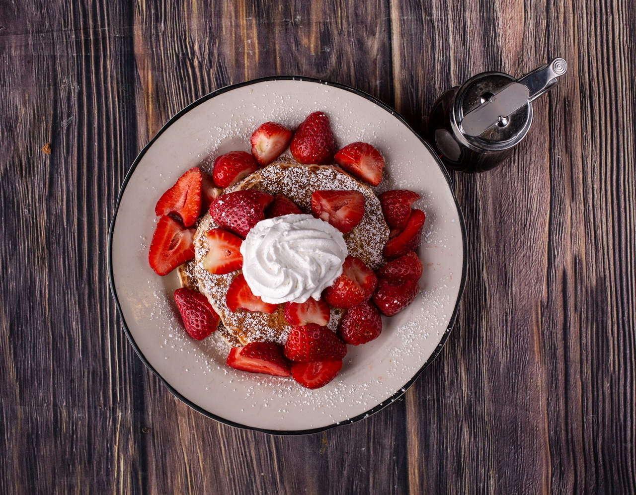 Order Pancake with Fresh Strawberries and Whipped Cream food online from House of Pies store, Los Angeles on bringmethat.com
