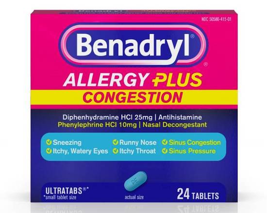 Order Benadryl Allergy Plus Congestion 24 ct  food online from McLean Ave Pharmacy store, Yonkers on bringmethat.com