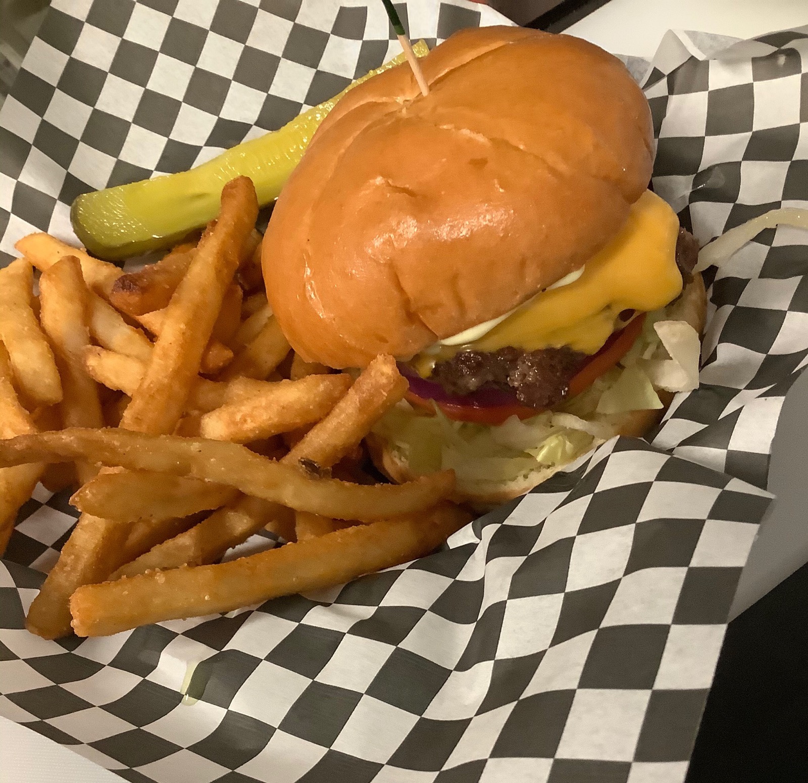 Order Deluxe 1/4 lb. Cheeseburger Basket food online from My Bar store, Portland on bringmethat.com