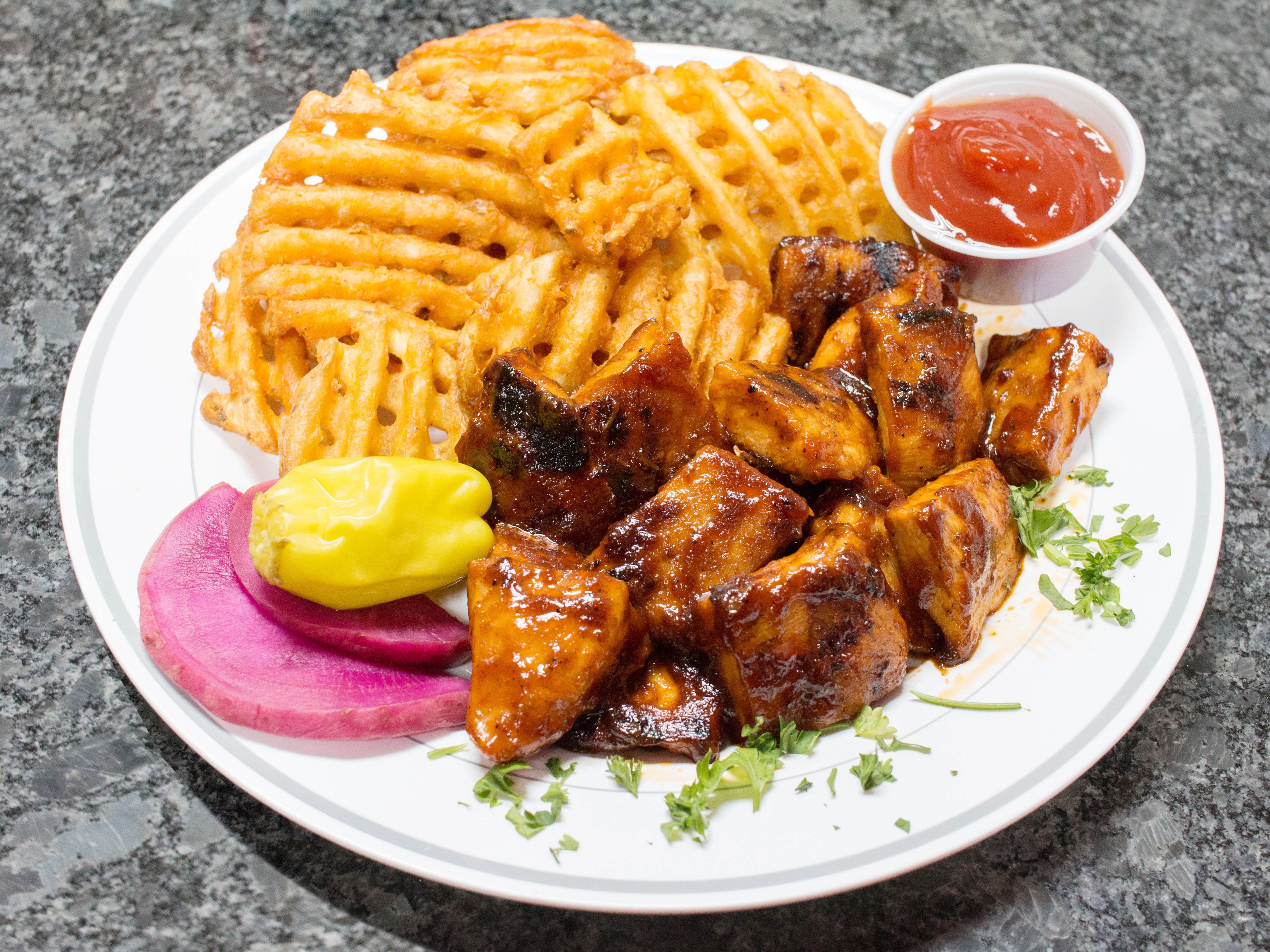 Order Half BBQ Marinated Chicken Bites Platter food online from Mike's Kabob Grille Inc store, Detroit on bringmethat.com