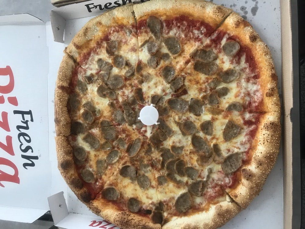 Order Sausage & Pepper Pie (Fuggetaboutit) - Lg. 19" (8 Slices) food online from Brooklyn's Homeslice Pizzeria store, Brooklyn on bringmethat.com