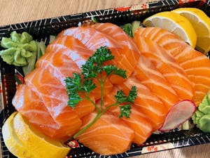 Order D2. European Salmon Sashimi (6pc) food online from Bengee Sushi store, Ontario on bringmethat.com