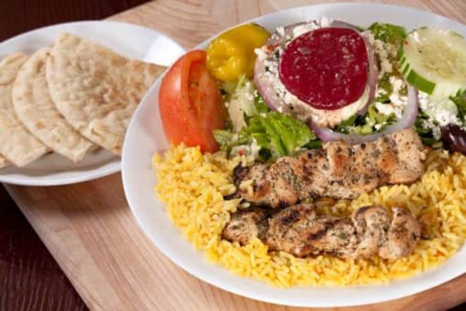 Order Chicken Skewers with Rice & Greek Salad food online from The Little Greek store, Boardman on bringmethat.com