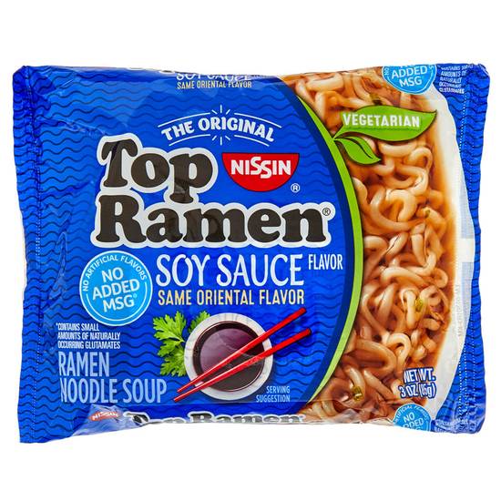 Order Nissin Top Ramen Soy Sauce Oriental Flavor Ramen Noodle Soup 3oz food online from Everyday Needs by Gopuff store, Escondido on bringmethat.com