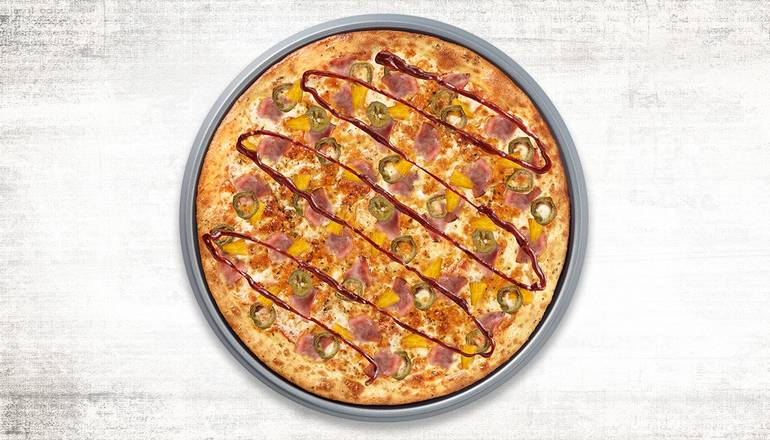 Order Flavor Up- Spicy Hawaiian drizzled with BBQ sauce Large 14" Specialty Pizza food online from Pasqually Pizza & Wings store, Rogers on bringmethat.com