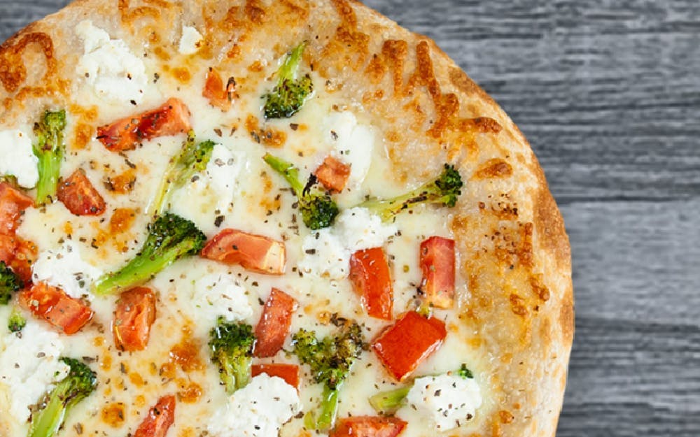 Order White Vegetable Pizza - Medium 12" food online from Seasons Pizza store, Wilmington on bringmethat.com