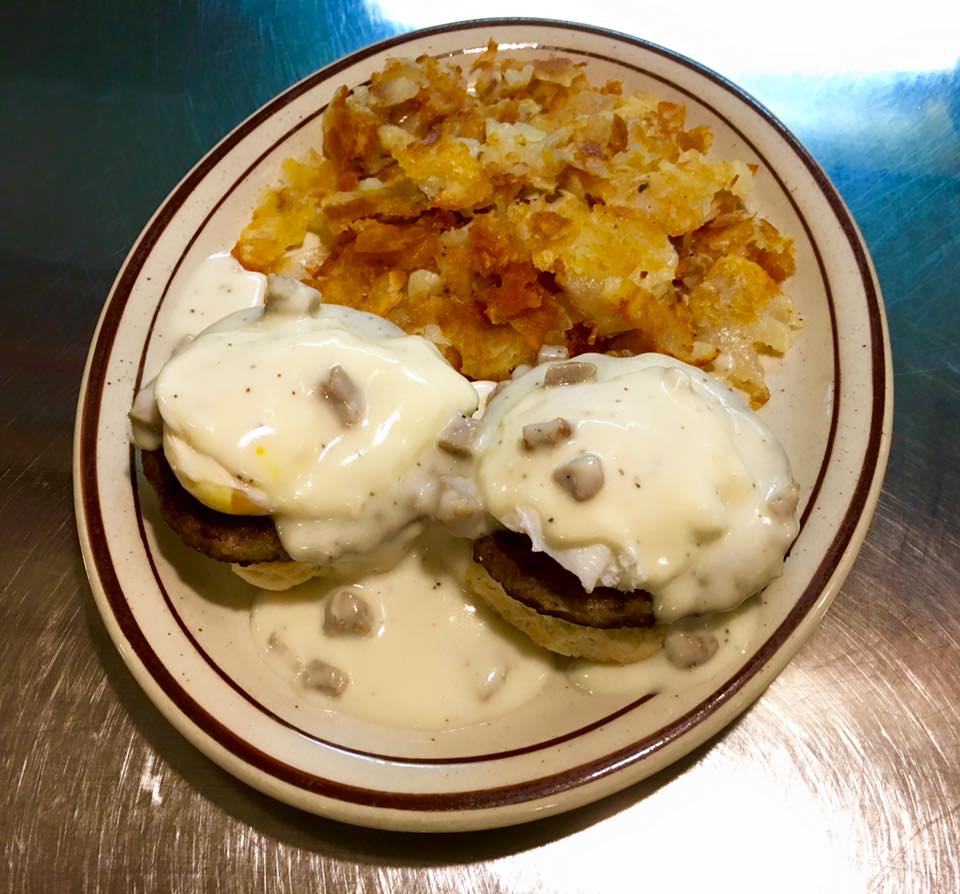 Order Country Eggs Benedict food online from New Day Cafe store, Terre Haute on bringmethat.com