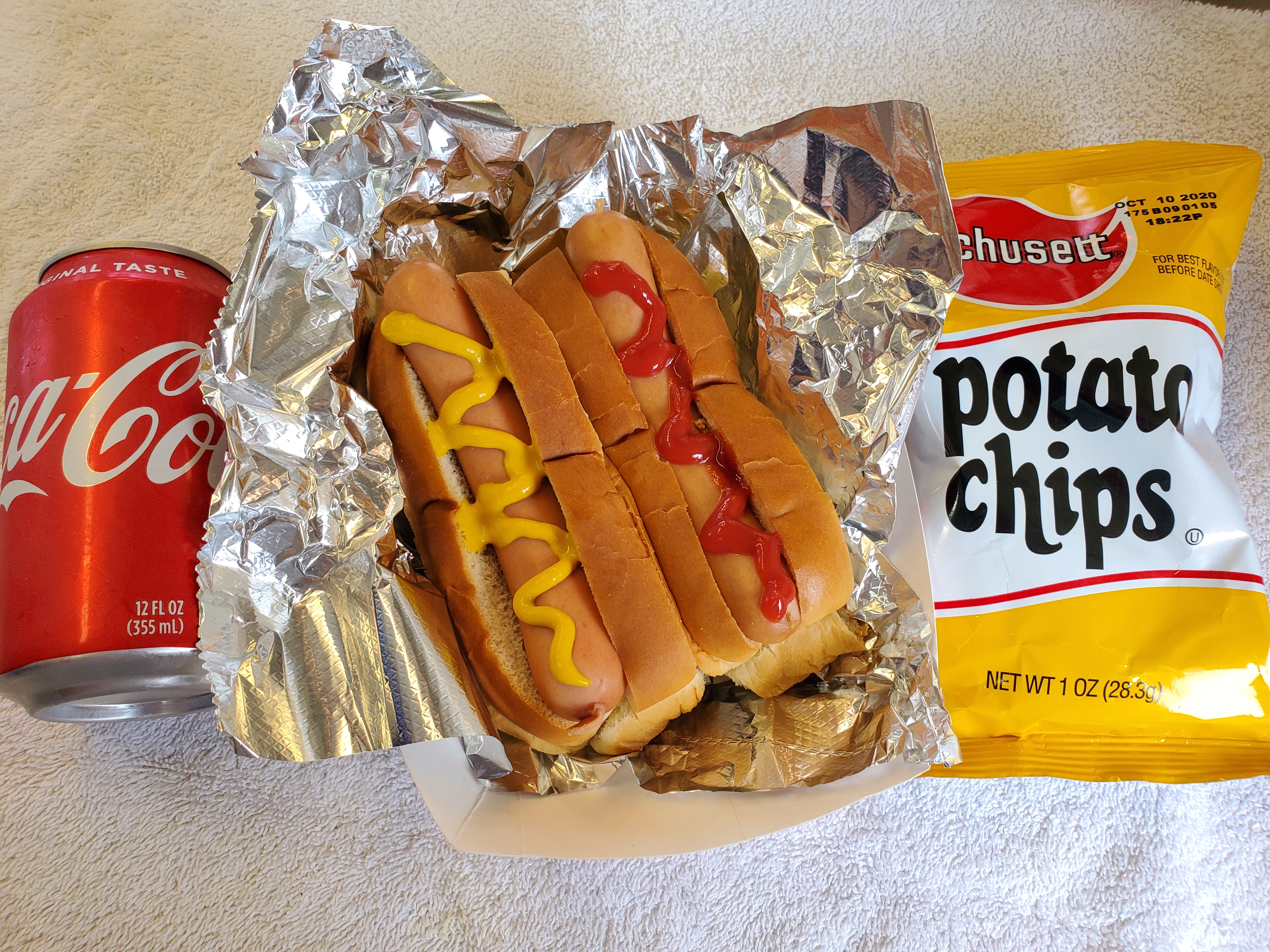 Order #1 2 Hot Dogs, Chips and Soda Combo food online from Shanes Hot Dogs store, Gardner on bringmethat.com