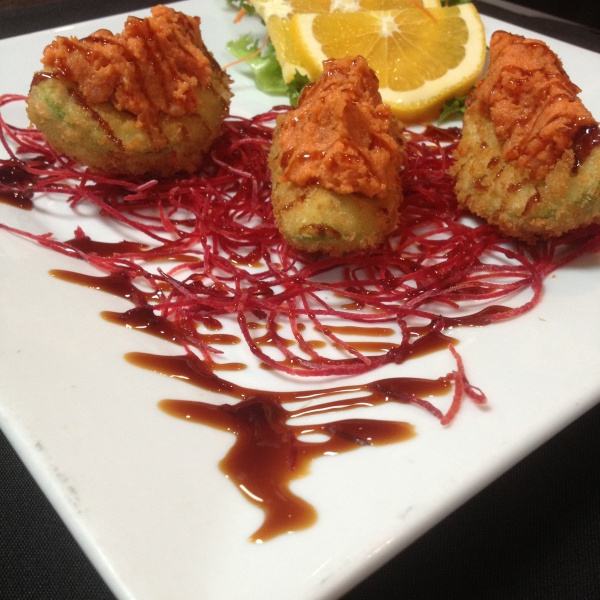 Order 3 Piece Avocado Tempura with Spicy Tuna food online from Shinto Japanese Steakhouse & Sushi Lounge store, Naperville on bringmethat.com