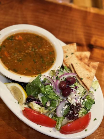 Order Soup w/ Greek Salad food online from George's Greek Cafe store, Long Beach on bringmethat.com