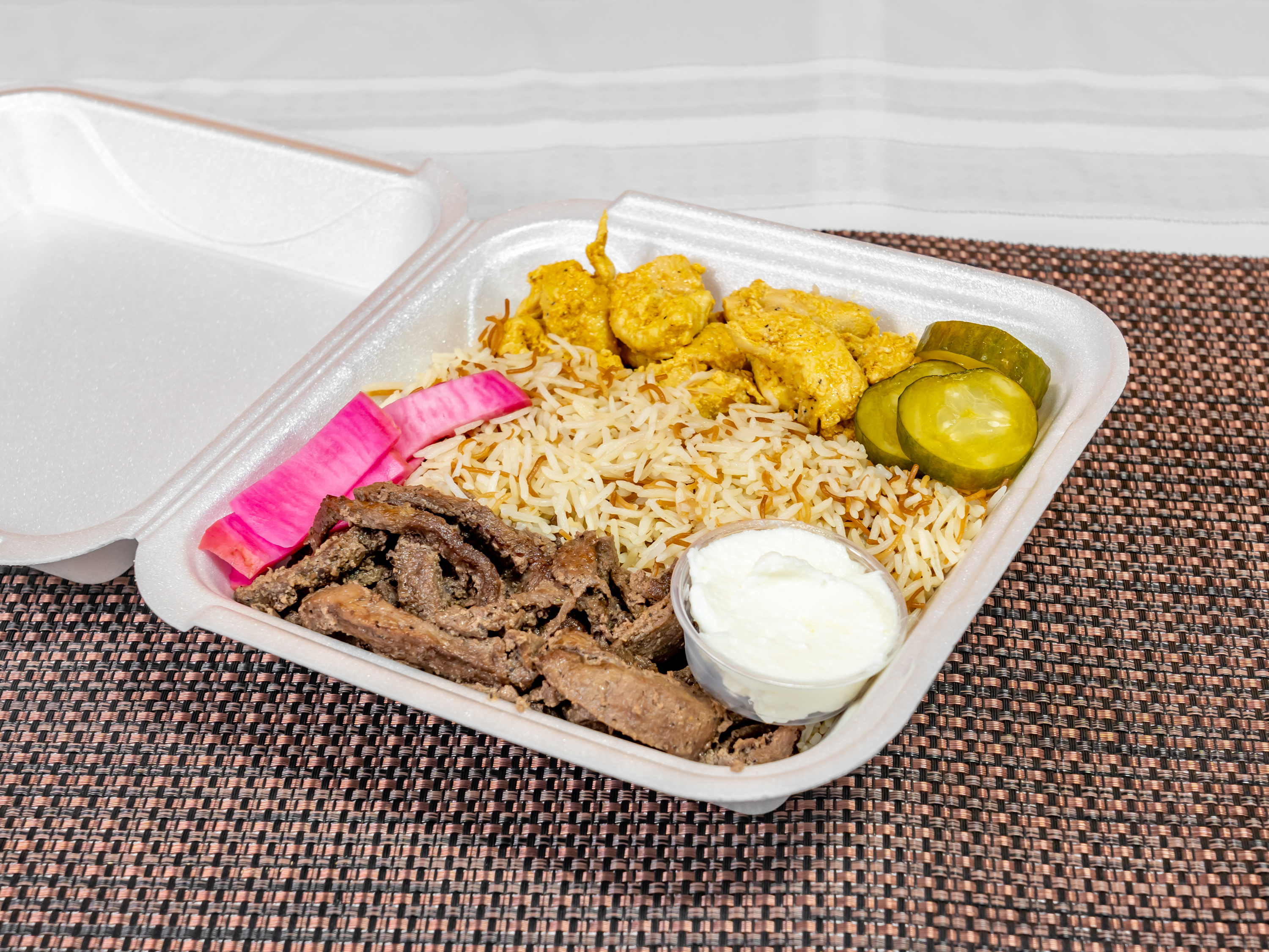 Order Chicken and Beef Shawarma Mix Plate Special food online from Greek Grill store, Detroit on bringmethat.com
