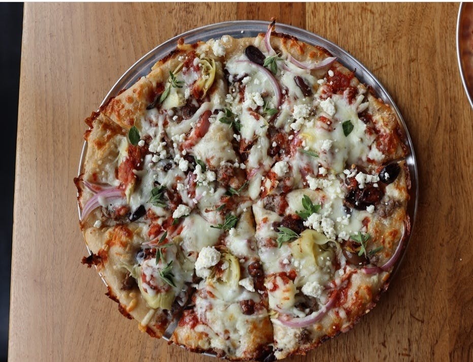 Order Greek Pizza - 12'' food online from Shorties Pizza + Grinders store, Austin on bringmethat.com