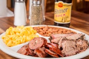 Order Brisket & Sausage with Premium Side Combination Plate food online from Spring Creek Barbeque store, Houston on bringmethat.com