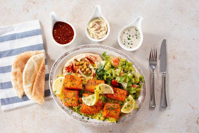 Order Grilled Salmon Fish Plate food online from Shawarma House store, Garden Grove on bringmethat.com