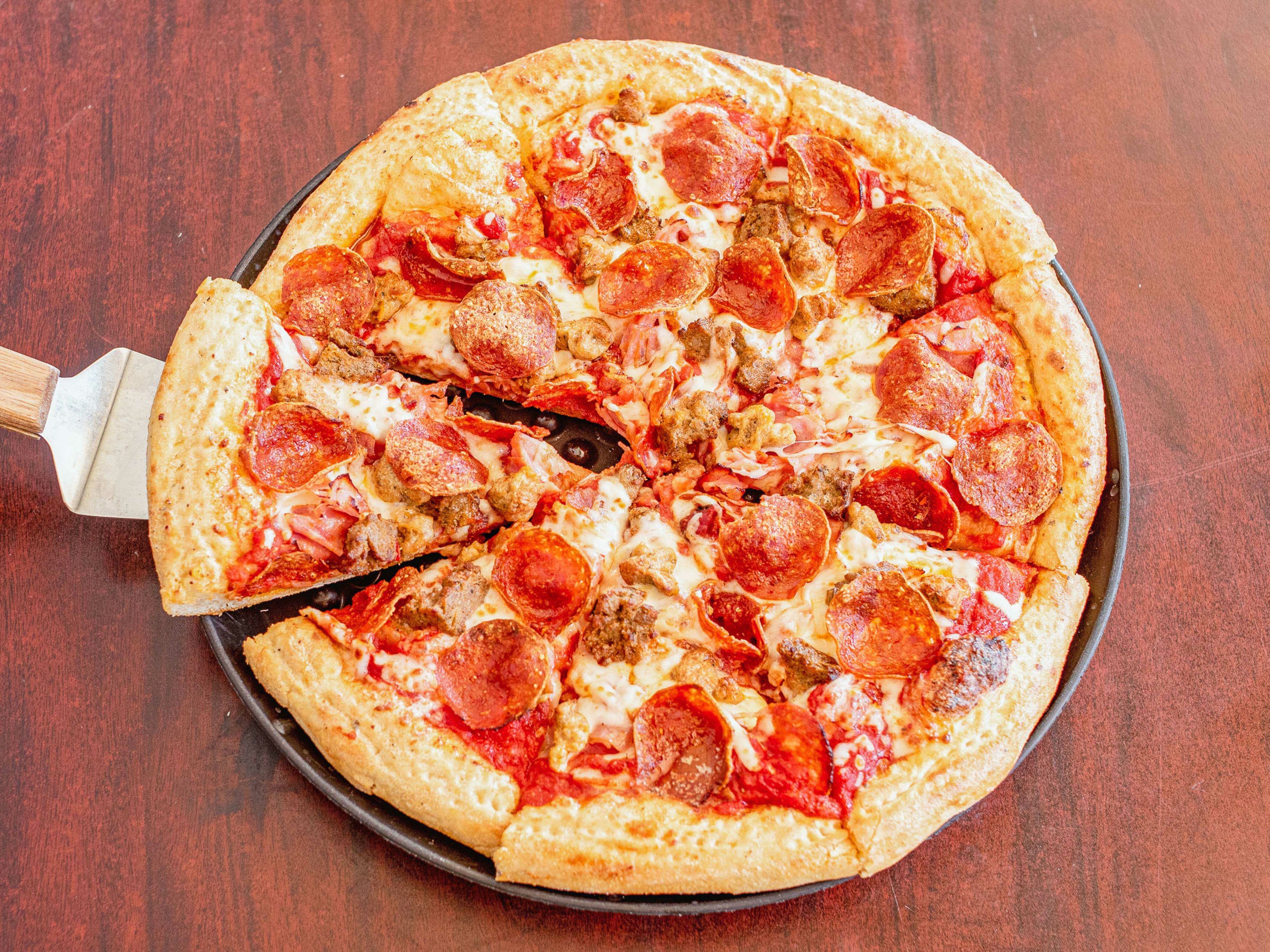 Order Gourmet Meat Pizza food online from Greeks Pizzeria store, Crawfordsville on bringmethat.com