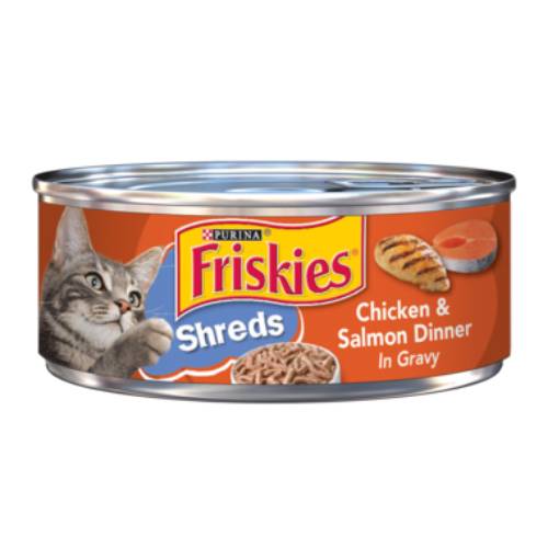 Order Friskies Shreds Chicken & Salmon Dinner - 5.5 oz Can/Single food online from Bottle Shop & Spirits store, Los Alamitos on bringmethat.com