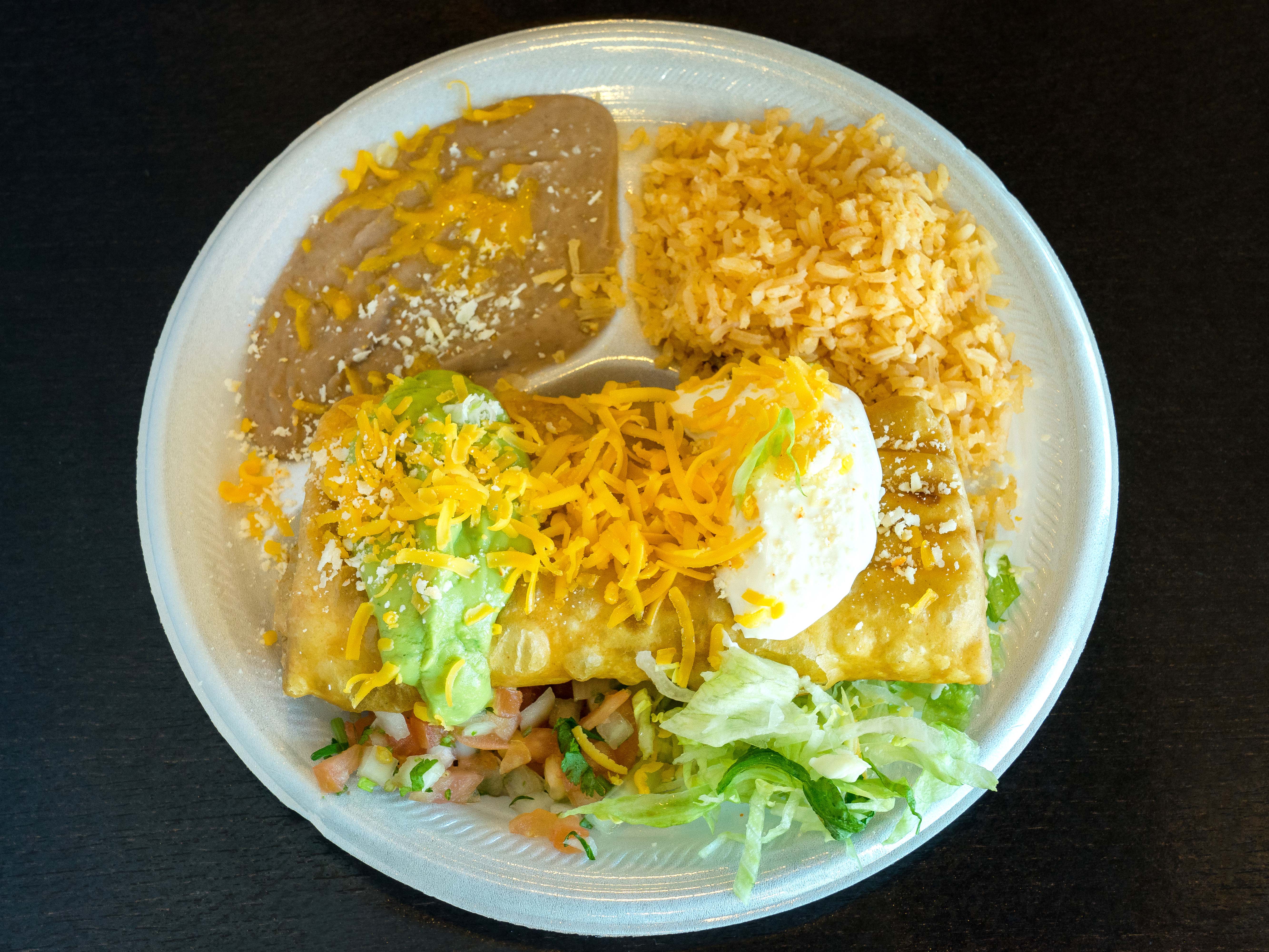 Order 12. Chimichanga Combo Plate food online from Ronaldos Taco Shop store, Mission Viejo on bringmethat.com