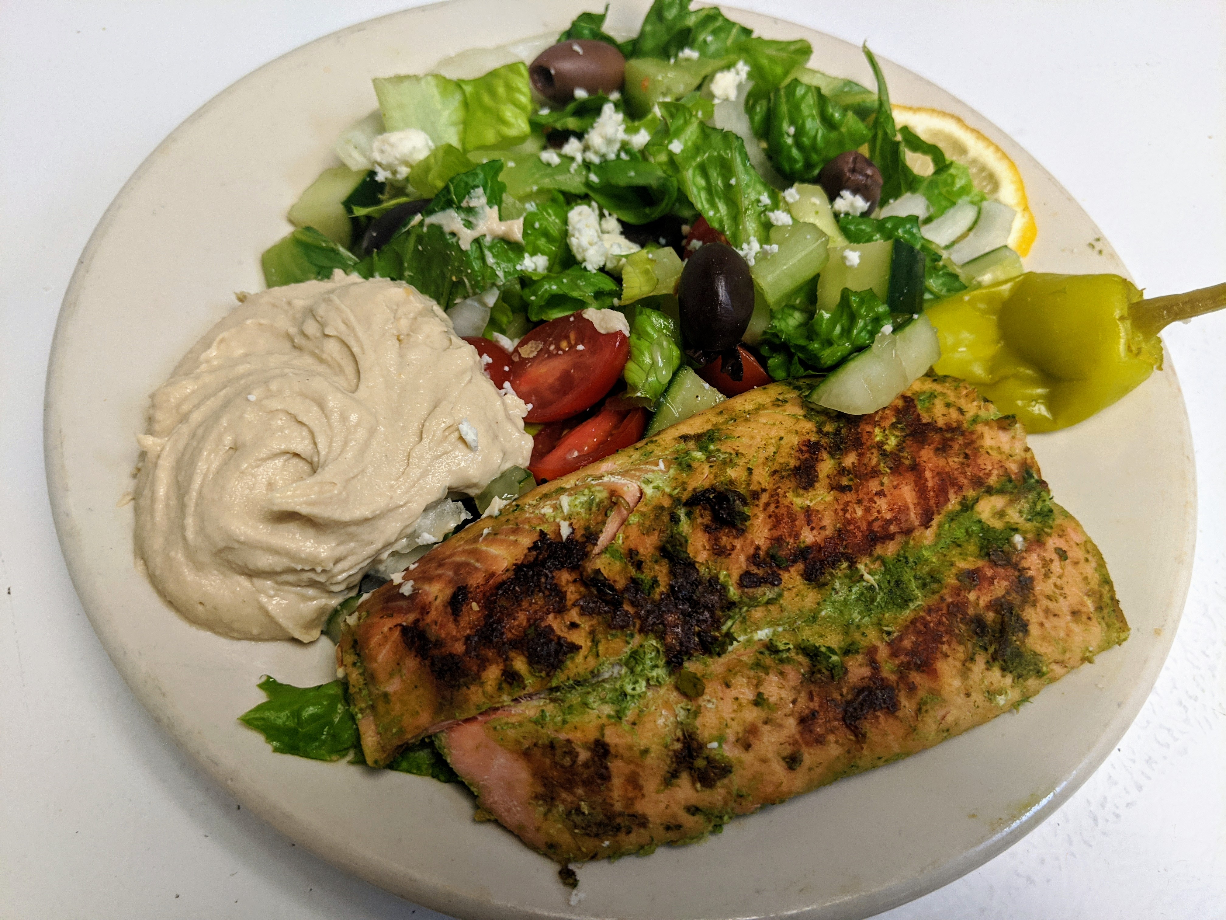 Order Grilled Salmon Plate food online from Village Hummus store, San Mateo on bringmethat.com