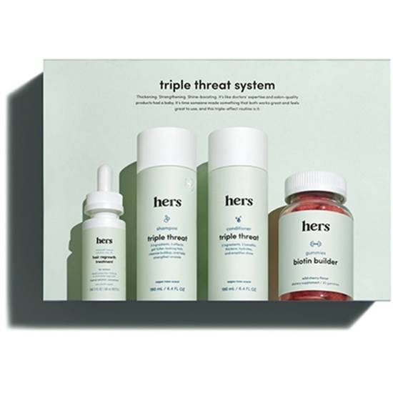 Order hers triple threat 4 piece system - total hair package to support hair growth food online from Hims & Hers Health And Wellness store, Atlanta on bringmethat.com