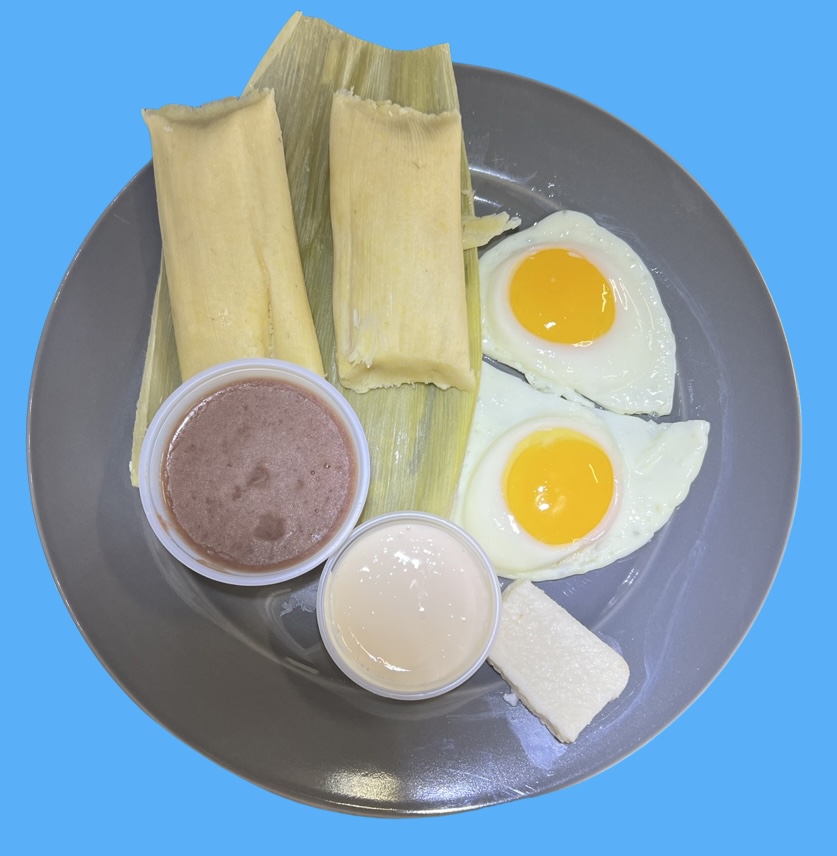Order 14. 2 Tamales (chicken or corn), 2 Eggs, Beans, Cream, & Cheese food online from Sabrositas Pupusas store, North Hollywood on bringmethat.com