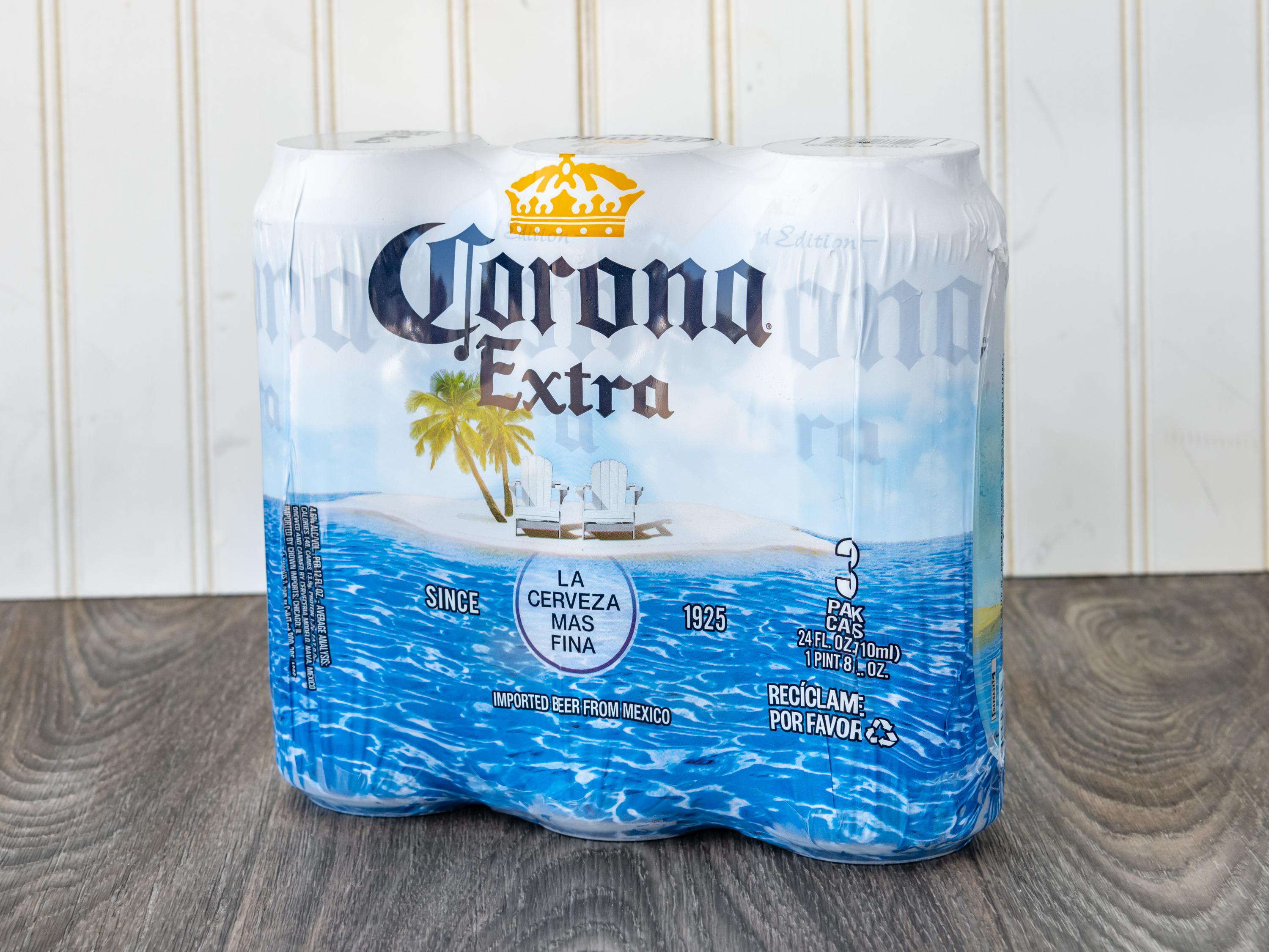 Order Corona Extra 3-Pack Cans food online from Chevron Extramile store, Castro Valley on bringmethat.com